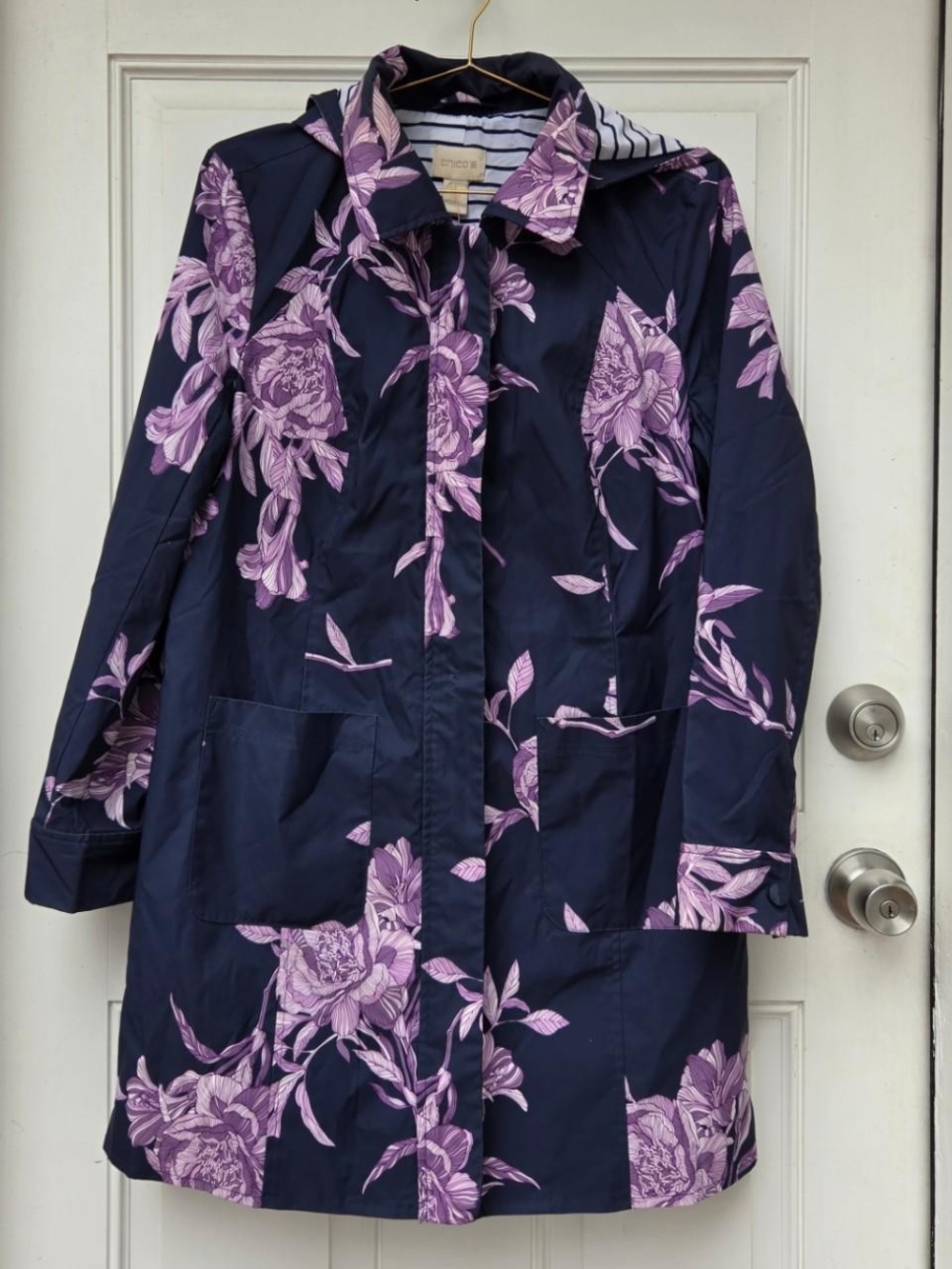 Chico's Navy Trench Coat with Lavender Floral Print